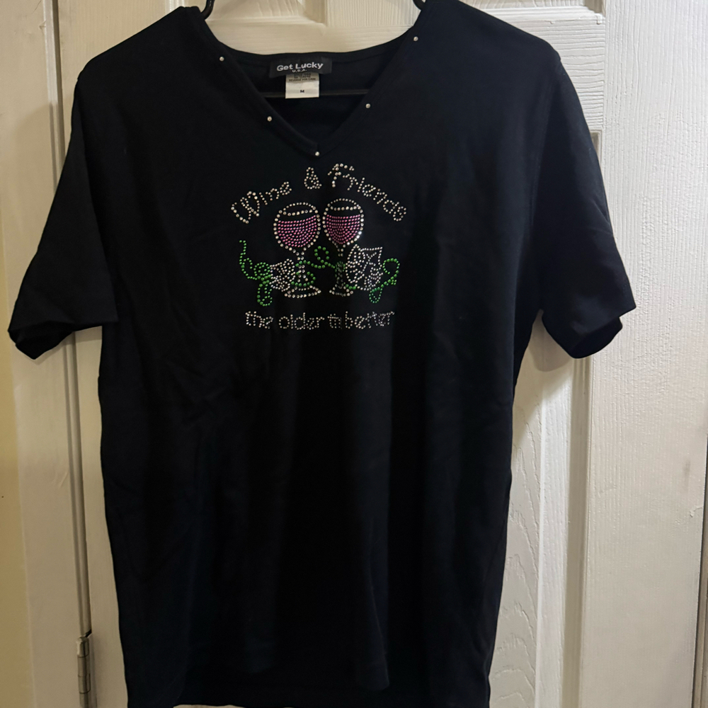 Y2K Get Lucky Women’s Rhinestone “Wine & Friends” Black T-Shirt Size M